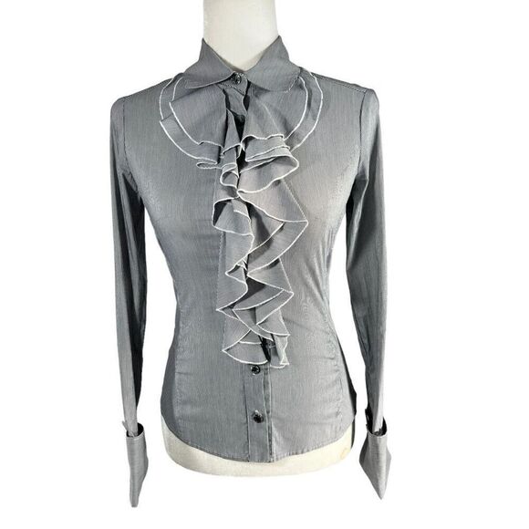 Karen Millen Navy Blue & White Stripe Ruffle Long Sleeve *Blouse Size 2 Small - Picture 1 of 12